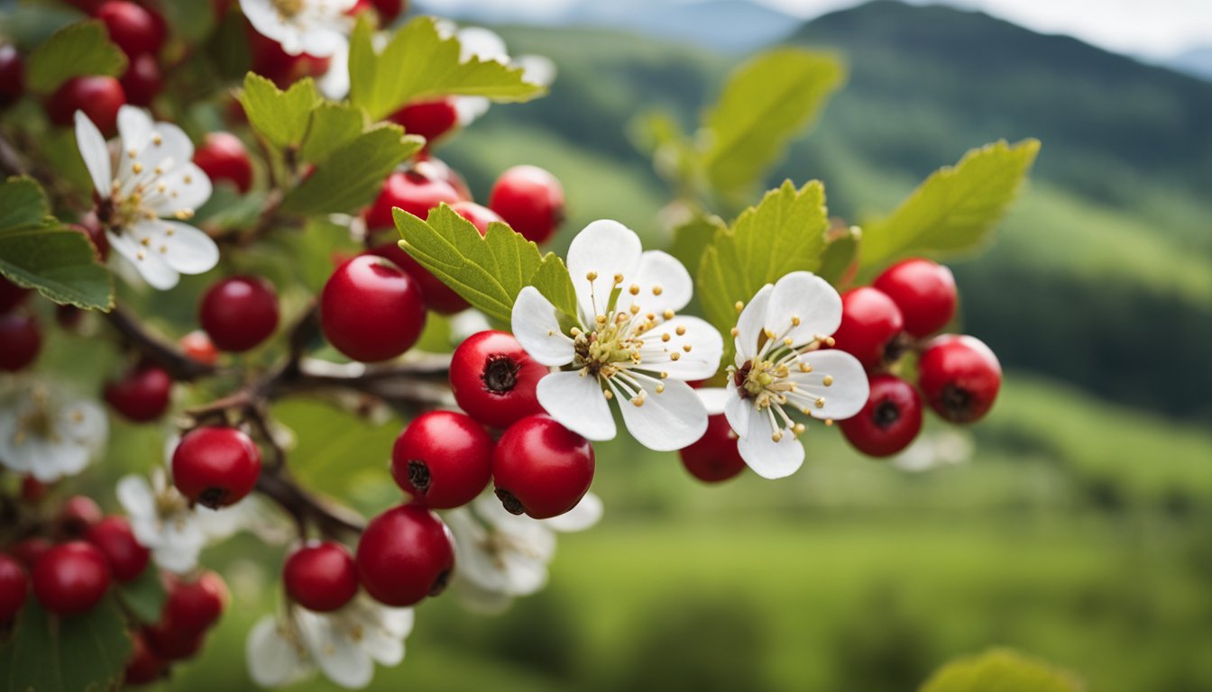 A hawthorn tree in full bloom, adorned with bright red berries, set against a picturesque landscape, showcasing its natural beauty and health benefits