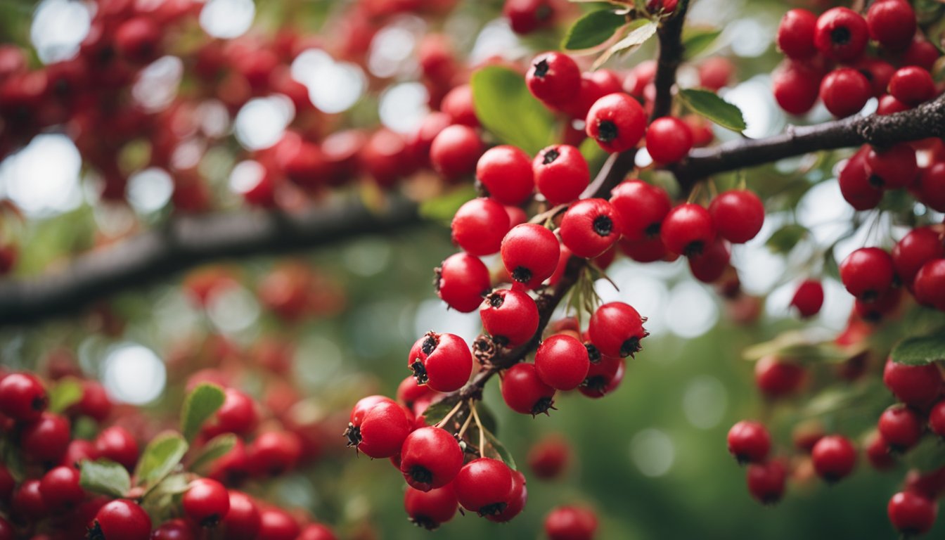 A hawthorn tree in full bloom, adorned with bright red berries, creates a picturesque landscape, highlighting the plant's natural beauty and health benefits