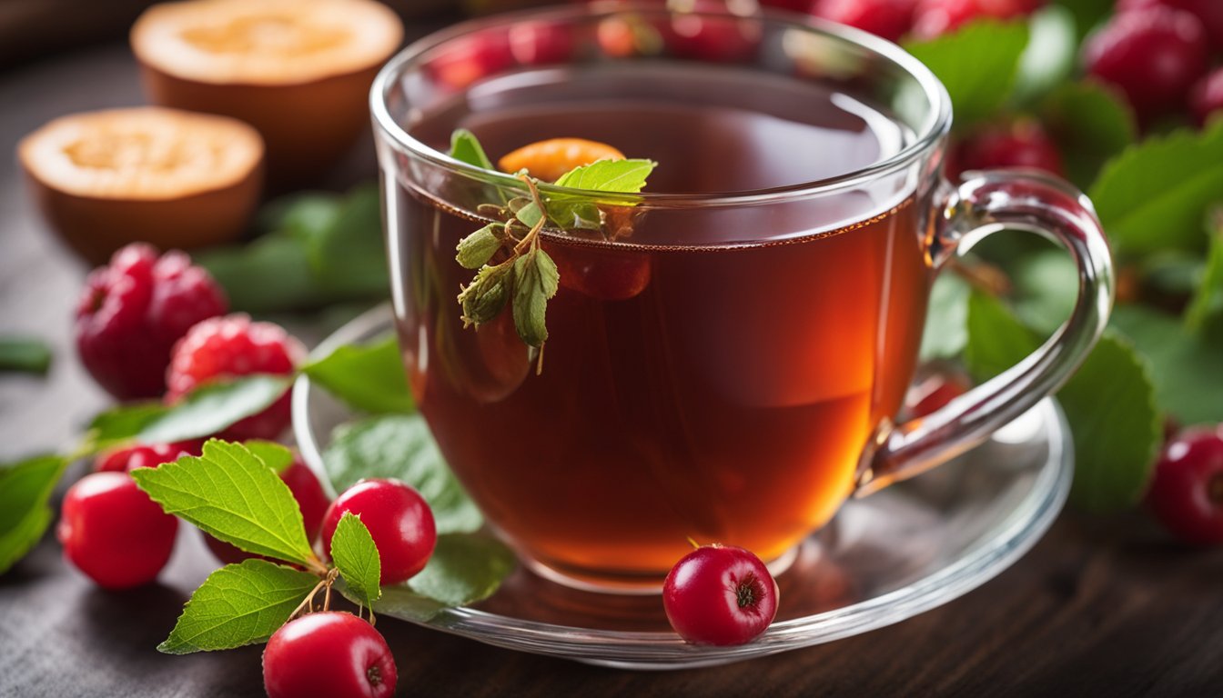 A cup of hawthorn berry tea sits among fresh berries and leaves, evoking a cozy and heart-healthy atmosphere