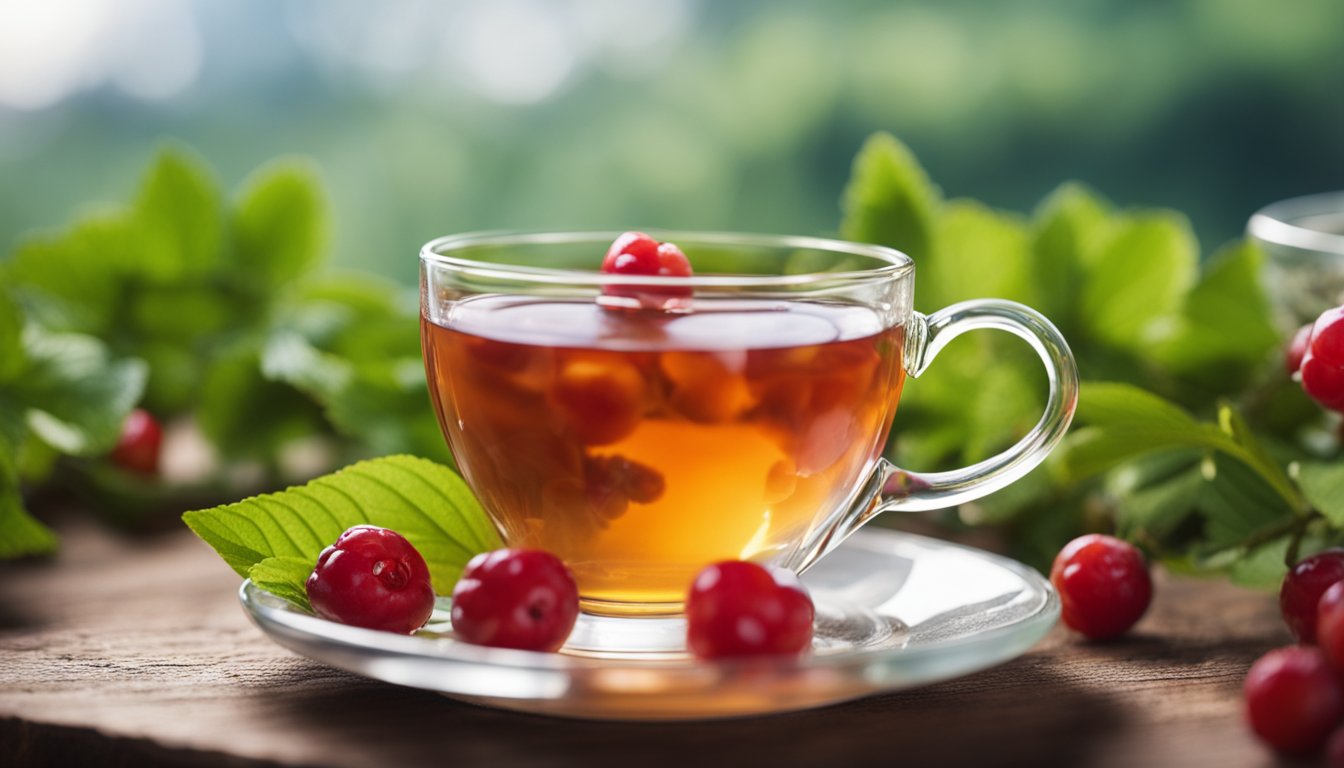 A cup of hawthorn berry tea sits among fresh berries and leaves, evoking a cozy and heart-healthy ambiance