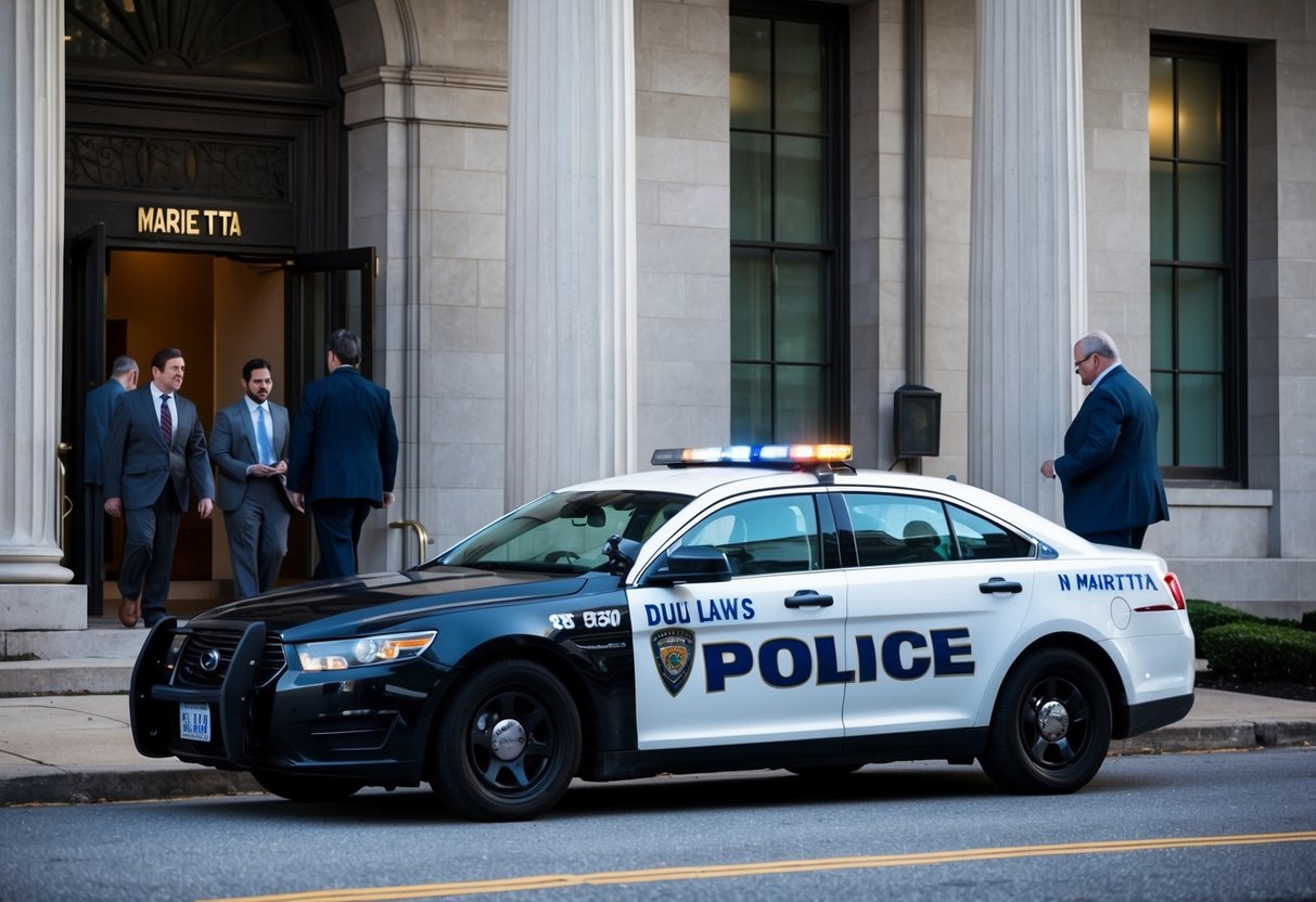 A police car parked outside a courthouse with a sign reading "DUI Laws in Marietta." Lawyers and clients entering the building