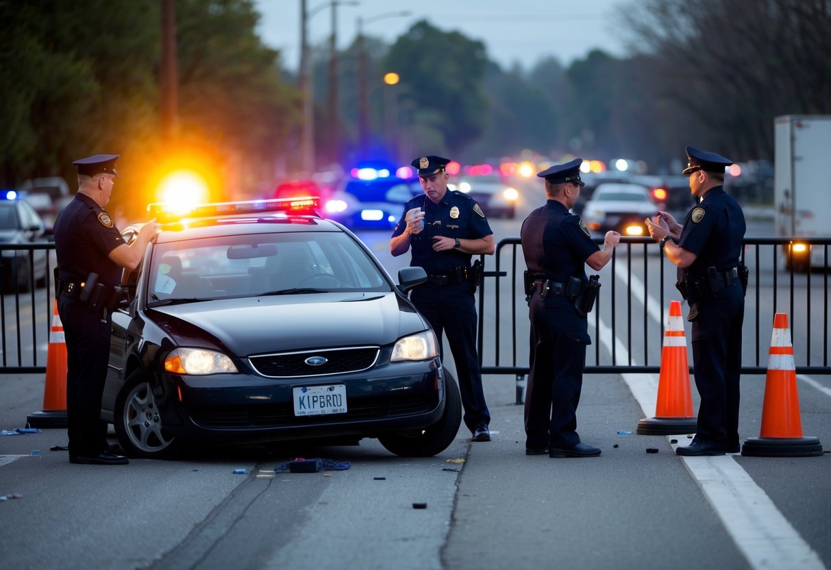 A car crashed into a police barricade, with officers conducting a field sobriety test on the driver. Flashing lights and a somber atmosphere