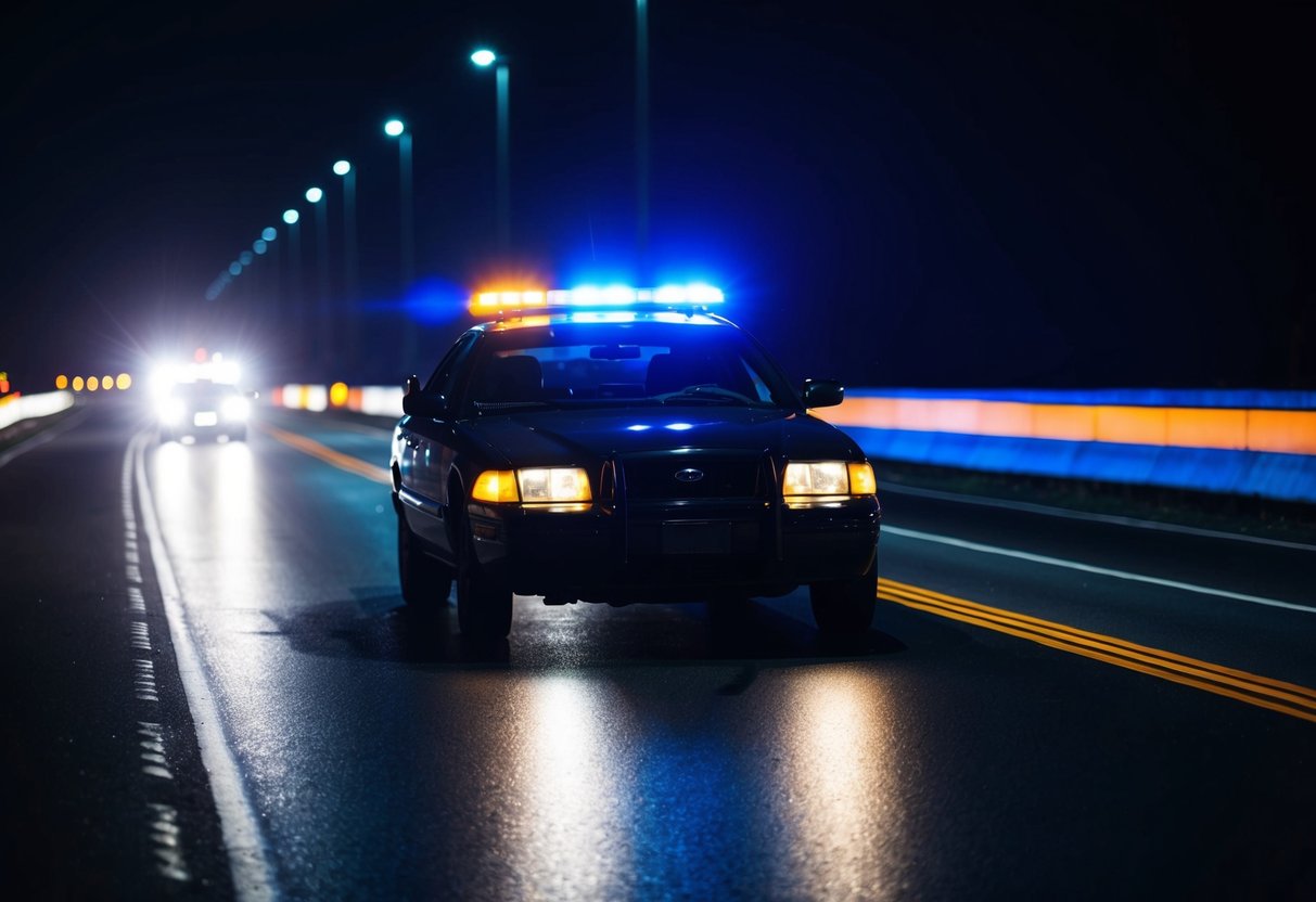 A dark road at night, with police car lights flashing behind a swerving vehicle