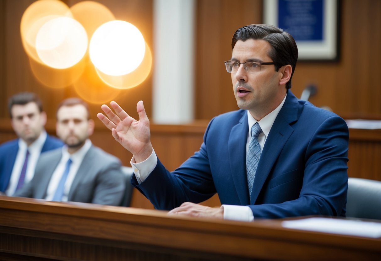 A criminal lawyer arguing a traffic case in a courtroom