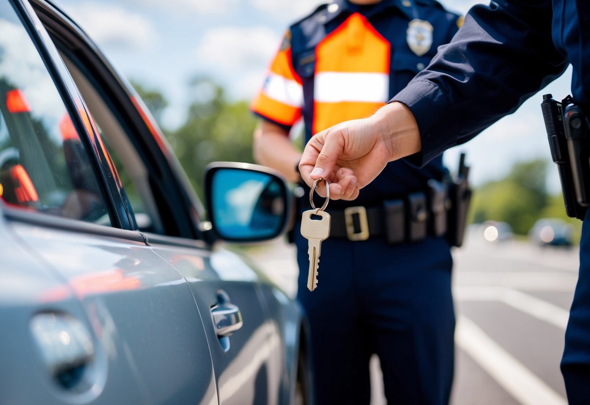 A car key being confiscated by a police officer at a traffic stop