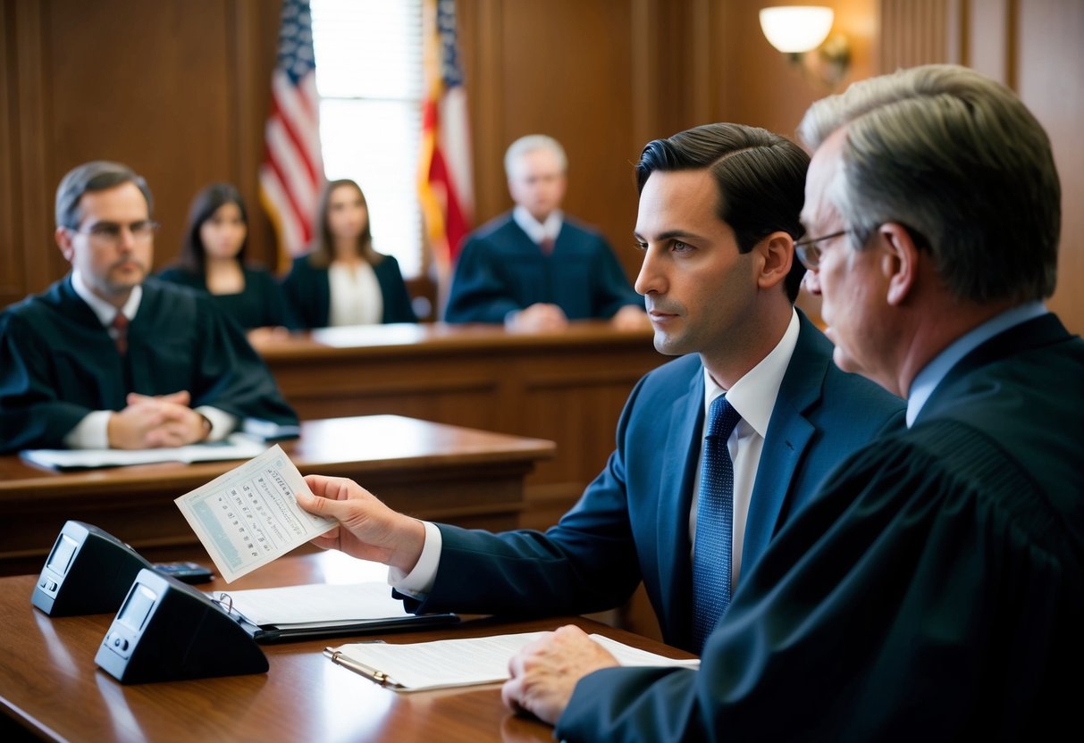 A courtroom with a lawyer presenting evidence of sobriety tests and a judge listening attentively