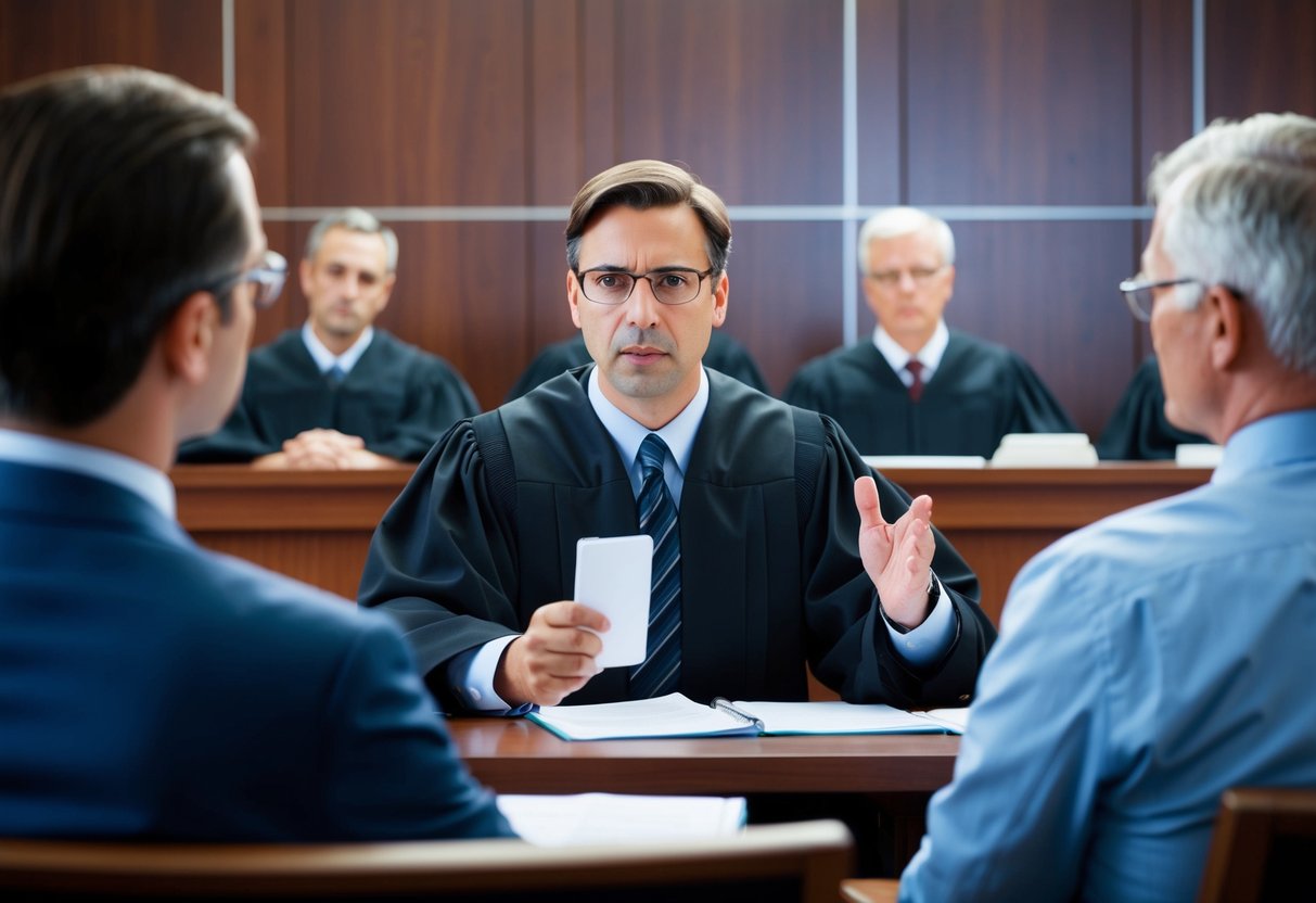 A courtroom with a lawyer presenting evidence and arguments to a judge and jury in a DUI case