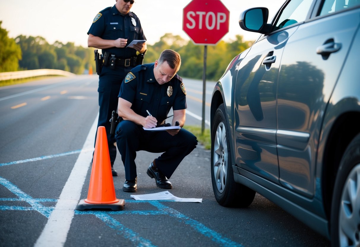 A car with a damaged bumper sits on the side of the road as a police officer writes a ticket. Skid marks and a stop sign are visible nearby