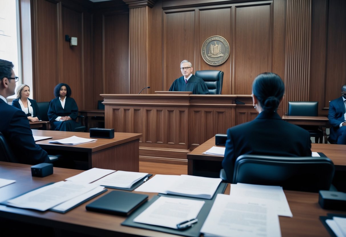 A courtroom with a judge's bench, witness stand, and seating for lawyers and defendants. A solemn atmosphere with legal documents and a sense of anticipation