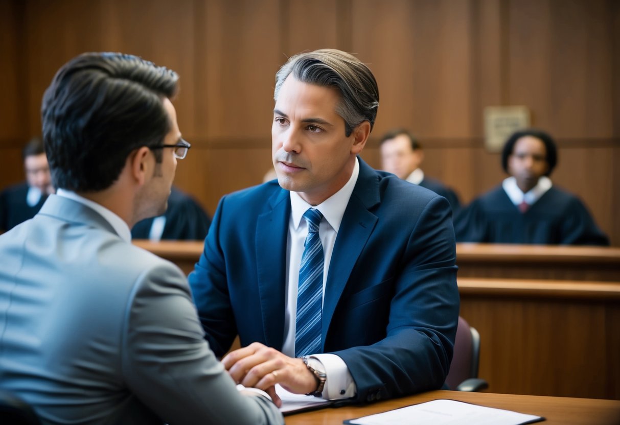 A criminal lawyer advising a client in a courtroom setting