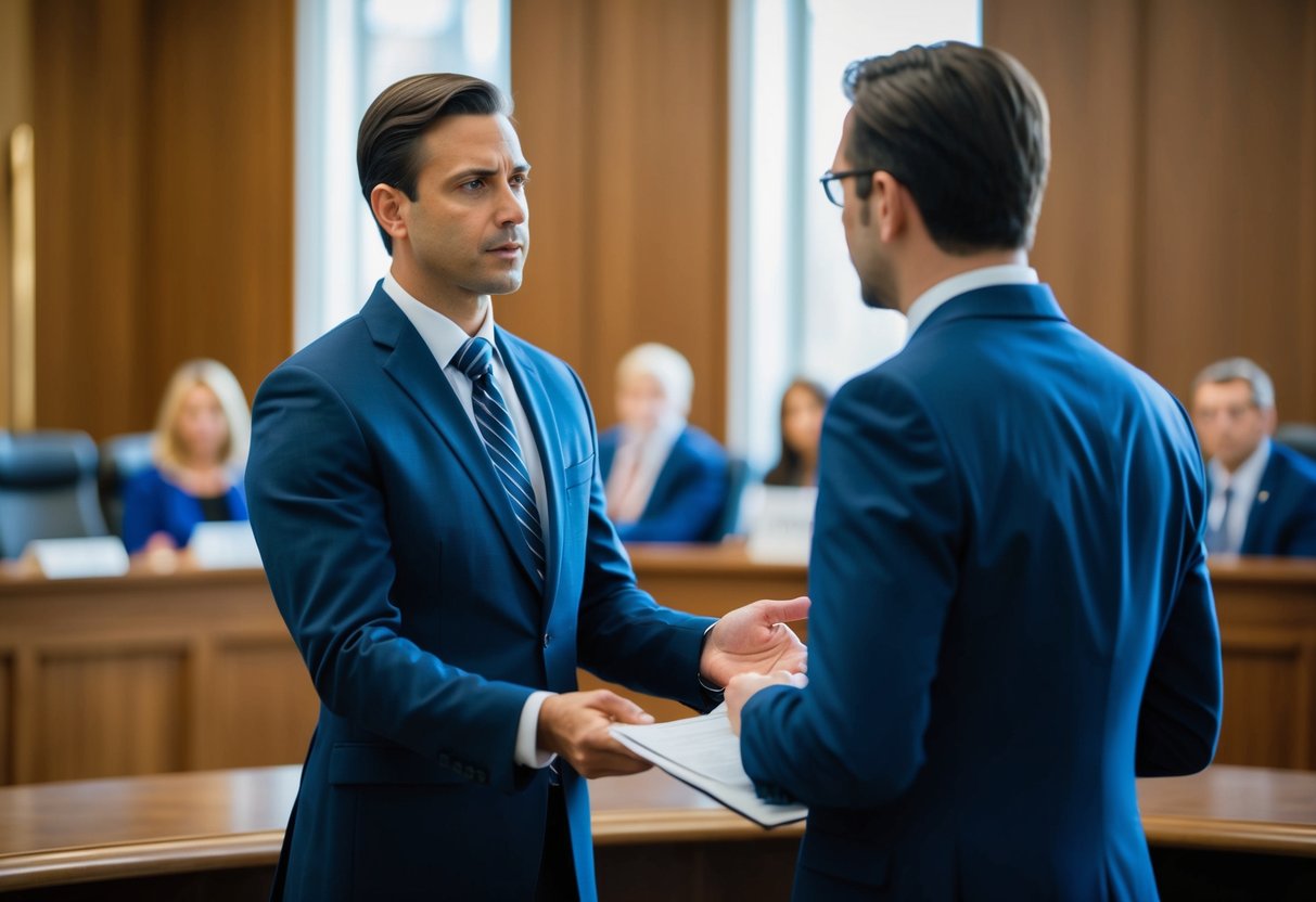 A criminal lawyer standing in a courtroom, presenting evidence and arguing a case to defend a client against reckless driving charges