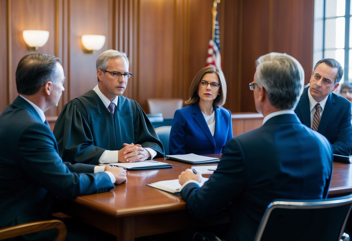 A courtroom with a judge, defense attorney, and prosecutor discussing options for plea bargaining in a DUI case