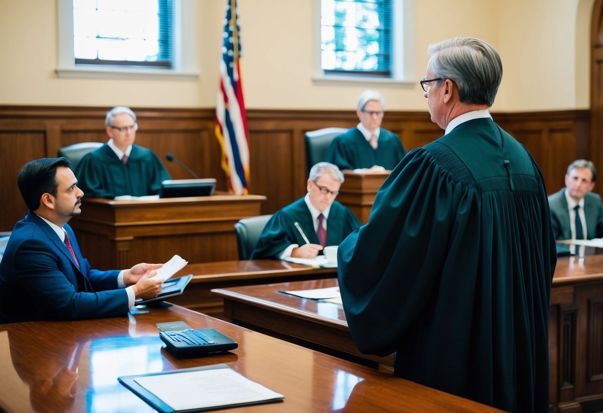 A courtroom with a judge presiding over a trial, lawyers presenting evidence, and a defendant in a white-collar crime case in Marietta