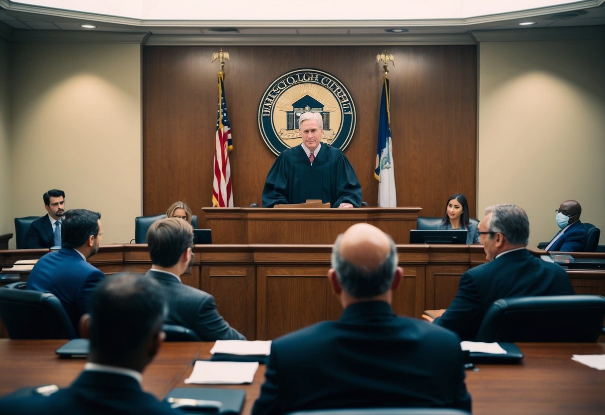 A courtroom with a judge presiding over a white-collar crime trial in Marietta. Lawyers present evidence and make arguments while the defendant awaits the legal outcome