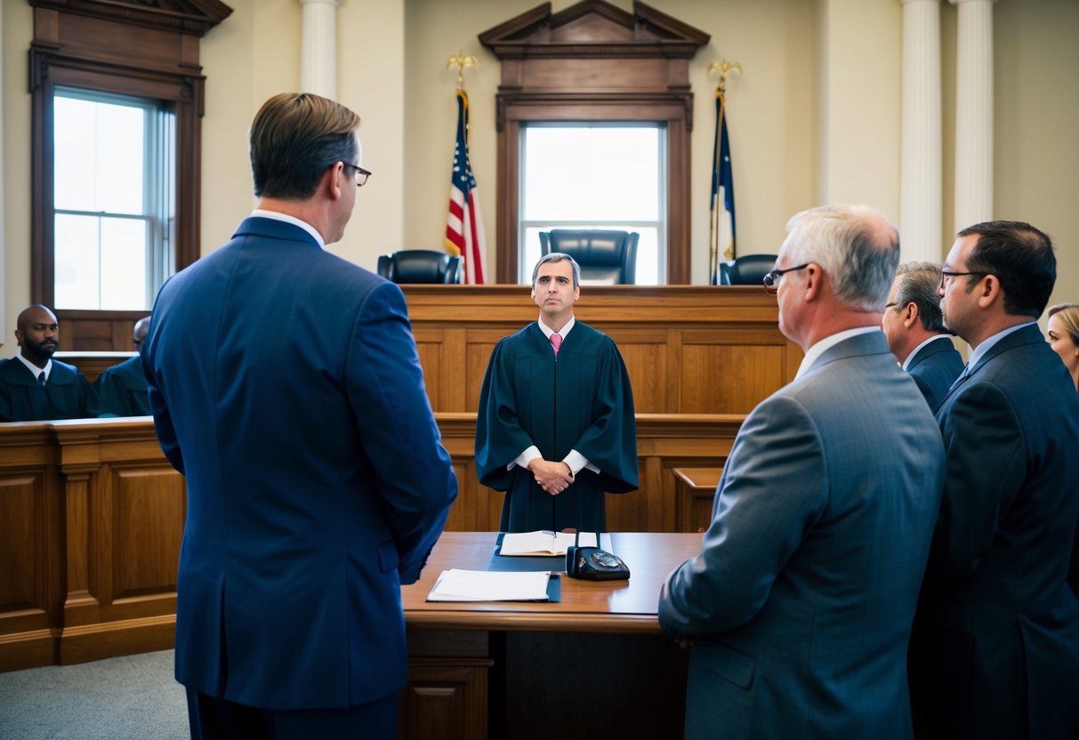 A courtroom with a judge presiding over a trial for white collar crimes in Georgia. The defendant and their lawyer stand before the judge while the jury listens attentively