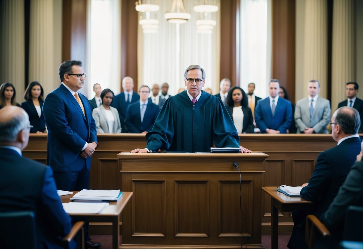 A courtroom with a judge presiding over a trial for white collar crimes, with lawyers, defendants, and onlookers present