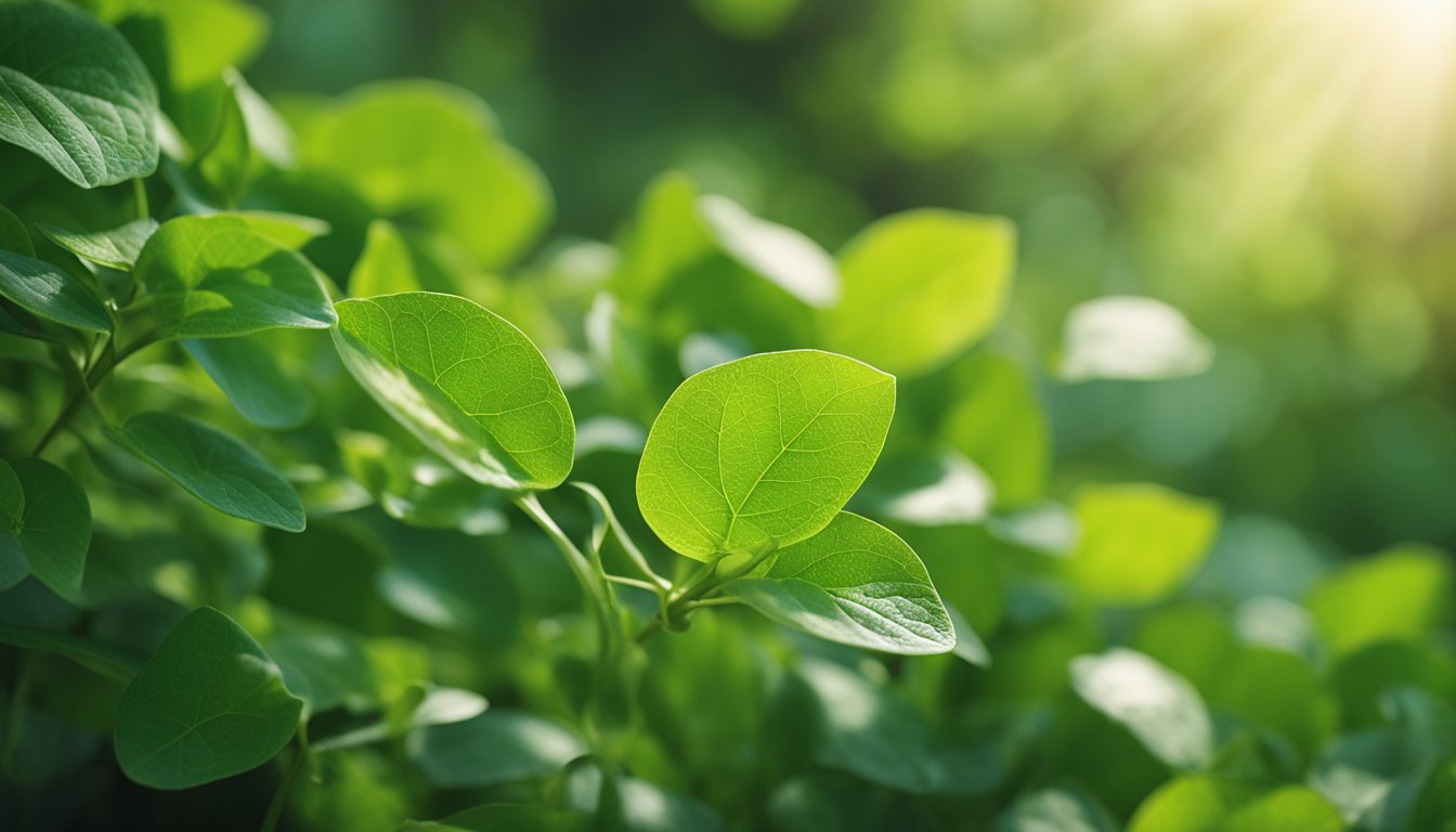 Gymnema Sylvestre plants thrive in a verdant landscape, their vibrant green leaves glistening in the sunlight, showcasing their natural beauty and medicinal significance