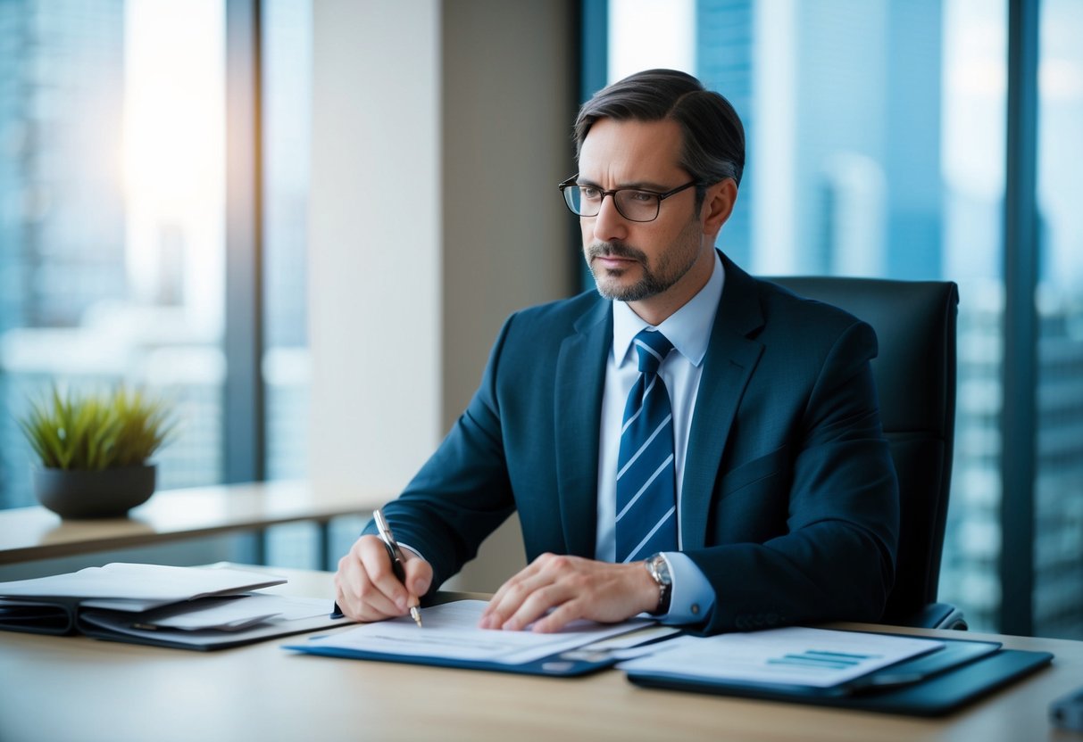 A criminal defense lawyer sits at a desk, reviewing financial documents and legal papers related to a white collar crime case