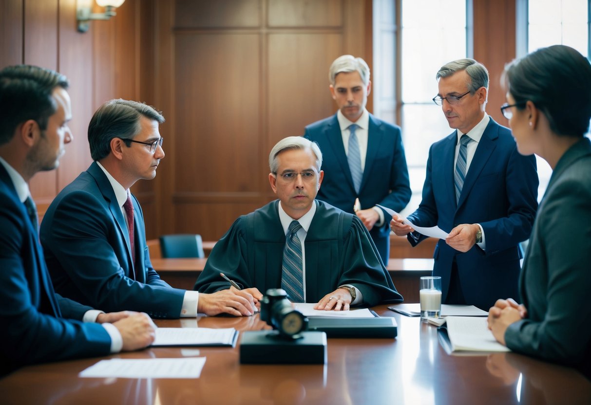 A courtroom with a judge, lawyers, and defendant presenting evidence and arguments in a white collar crime case