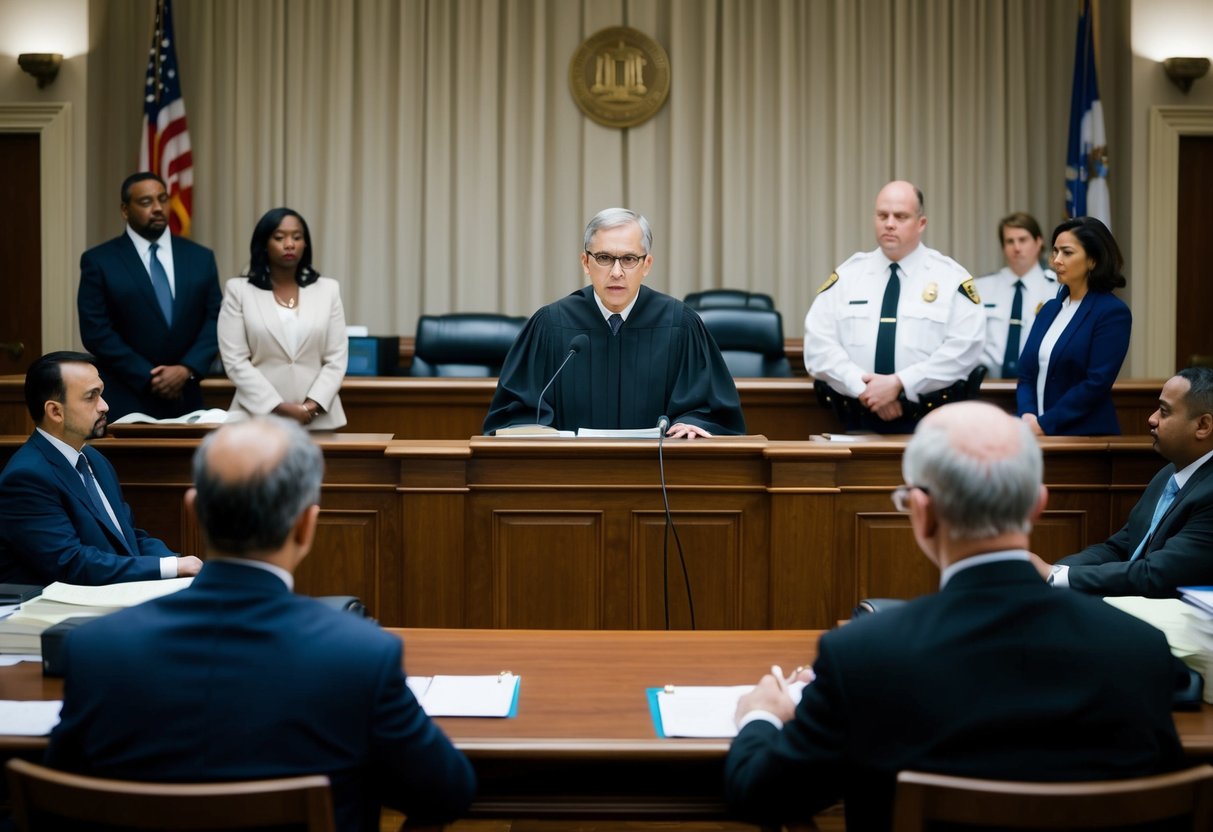 A courtroom with a judge presiding over a trial involving white collar crime allegations. Lawyers present their cases while regulatory authorities oversee the proceedings