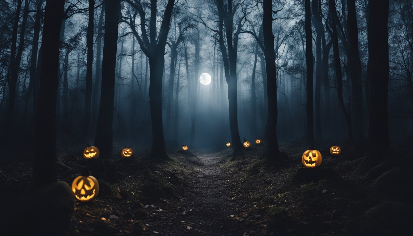 A dark and eerie forest with a full moon casting ominous shadows, surrounded by creepy decorations and symbols of various seasonal and holiday horror films