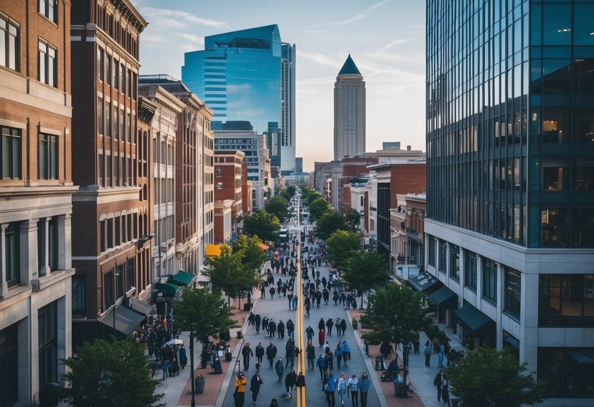 A bustling city street with diverse buildings and people, showcasing the impact of white collar crimes on the Marietta community