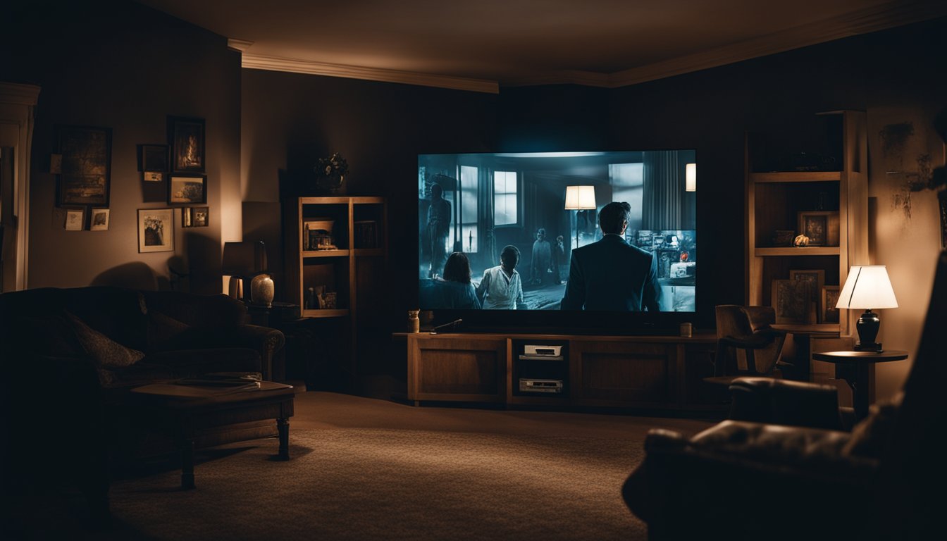 A dimly lit room with a TV screen displaying eerie movie stills, surrounded by shadows and silhouettes of horror movie characters