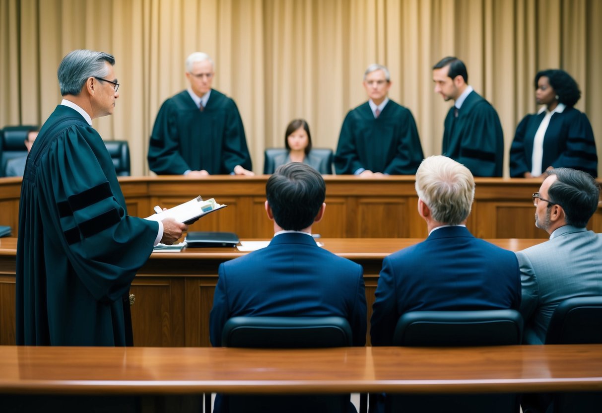 A courtroom scene with a judge presiding over a trial, lawyers presenting evidence, and a jury listening intently