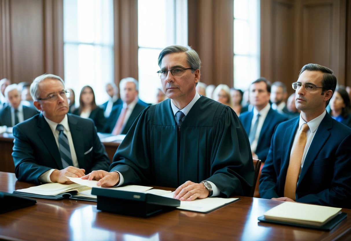 A courtroom with a judge presiding over a trial, lawyers presenting evidence, and a jury listening attentively