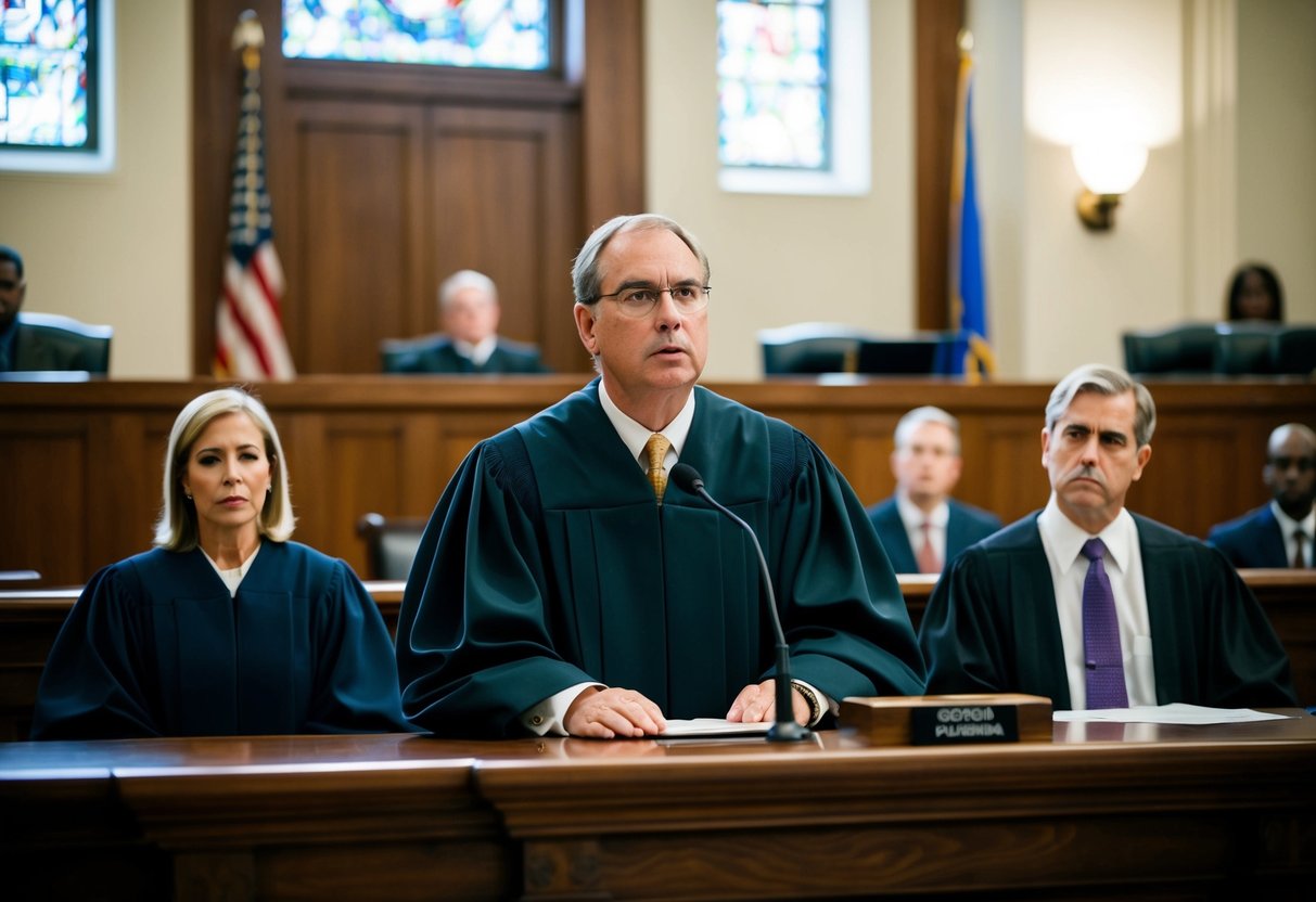 A courtroom with a judge presiding over a white-collar crime sentencing in Georgia. Lawyers and defendants present