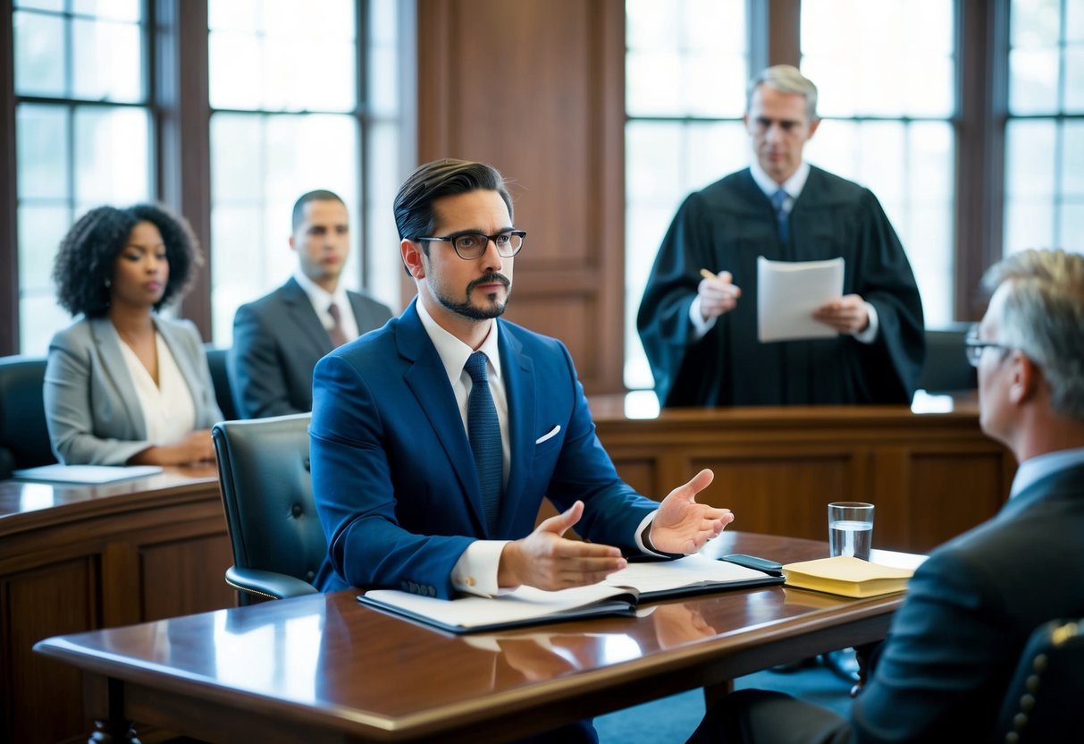 A criminal lawyer in Marietta confidently presents arguments in a courtroom, while engaging with judges, clients, and jurors