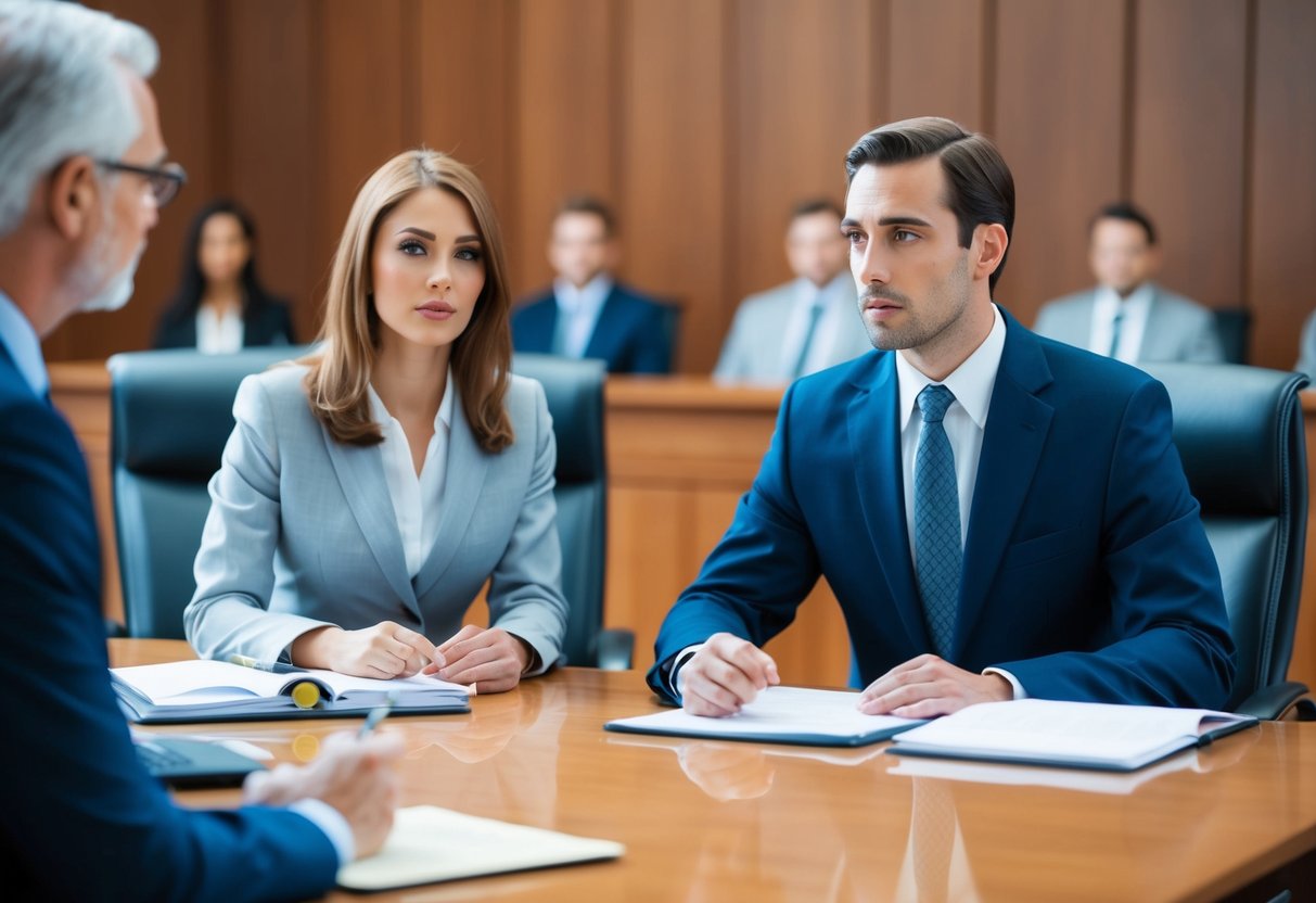 A courtroom with a lawyer and client discussing a case, using clear and assertive body language to convey the importance of effective communication in criminal justice