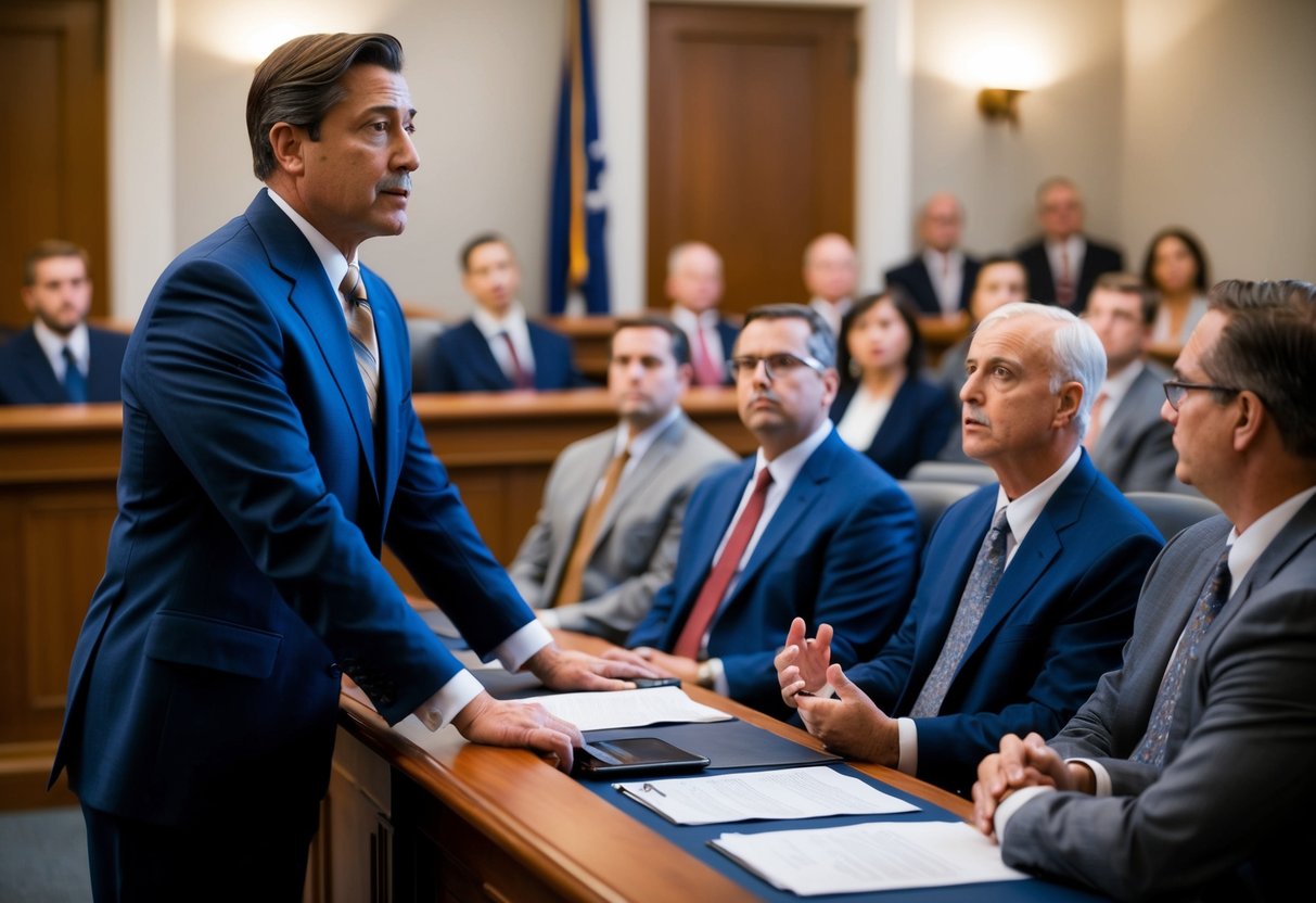 A criminal lawyer confidently addresses a jury in a Marietta courtroom, using persuasive gestures and body language to emphasize key points