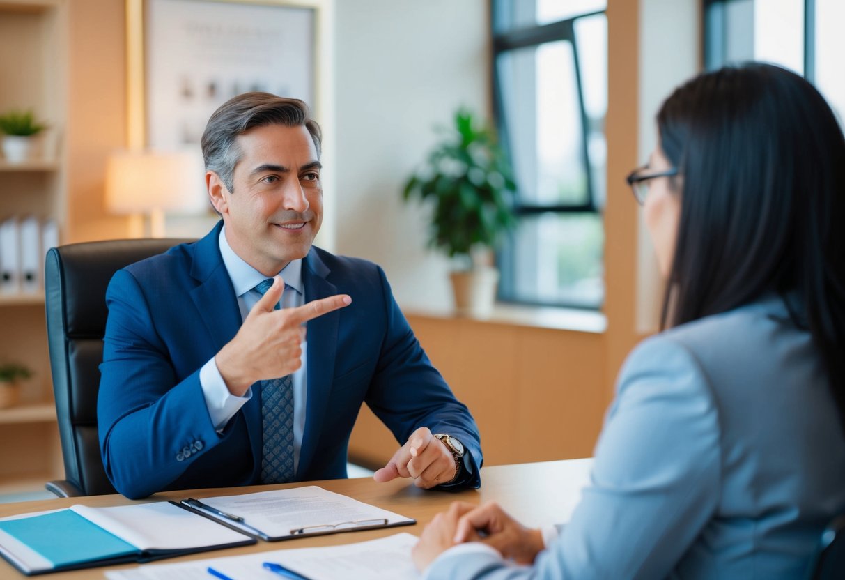 A criminal lawyer in Marietta gestures confidently while speaking with a client in a well-lit office