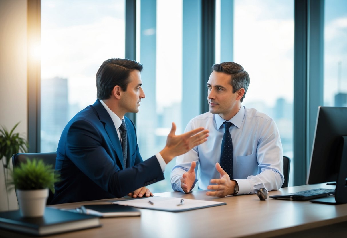 A criminal lawyer speaking with a client in a private office, gesturing and listening attentively, creating an atmosphere of trust and understanding