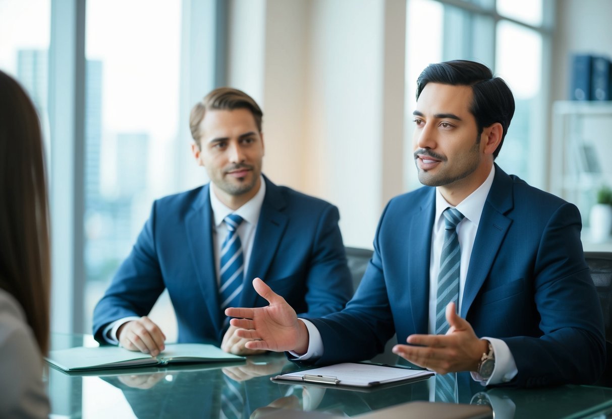 A criminal lawyer confidently speaking to a client in a well-lit and professional office, using open body language and maintaining eye contact to build trust