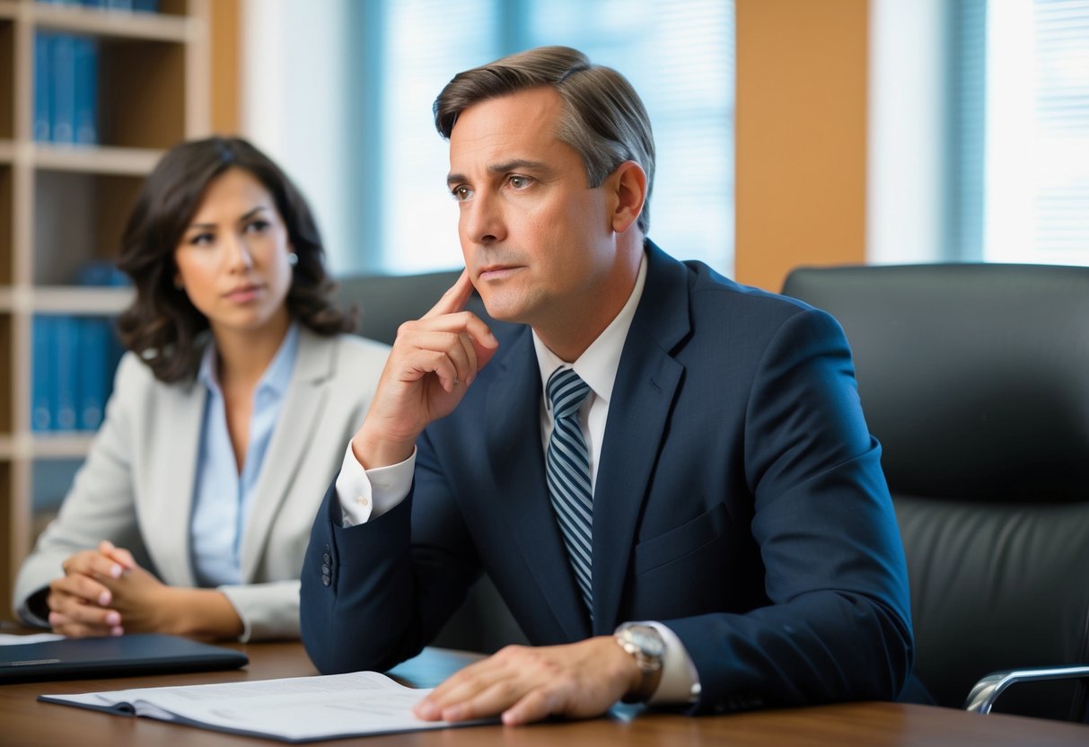 A defense attorney leans forward, nodding attentively as their client speaks. The attorney's focused expression shows their commitment to active listening in a criminal defense situation