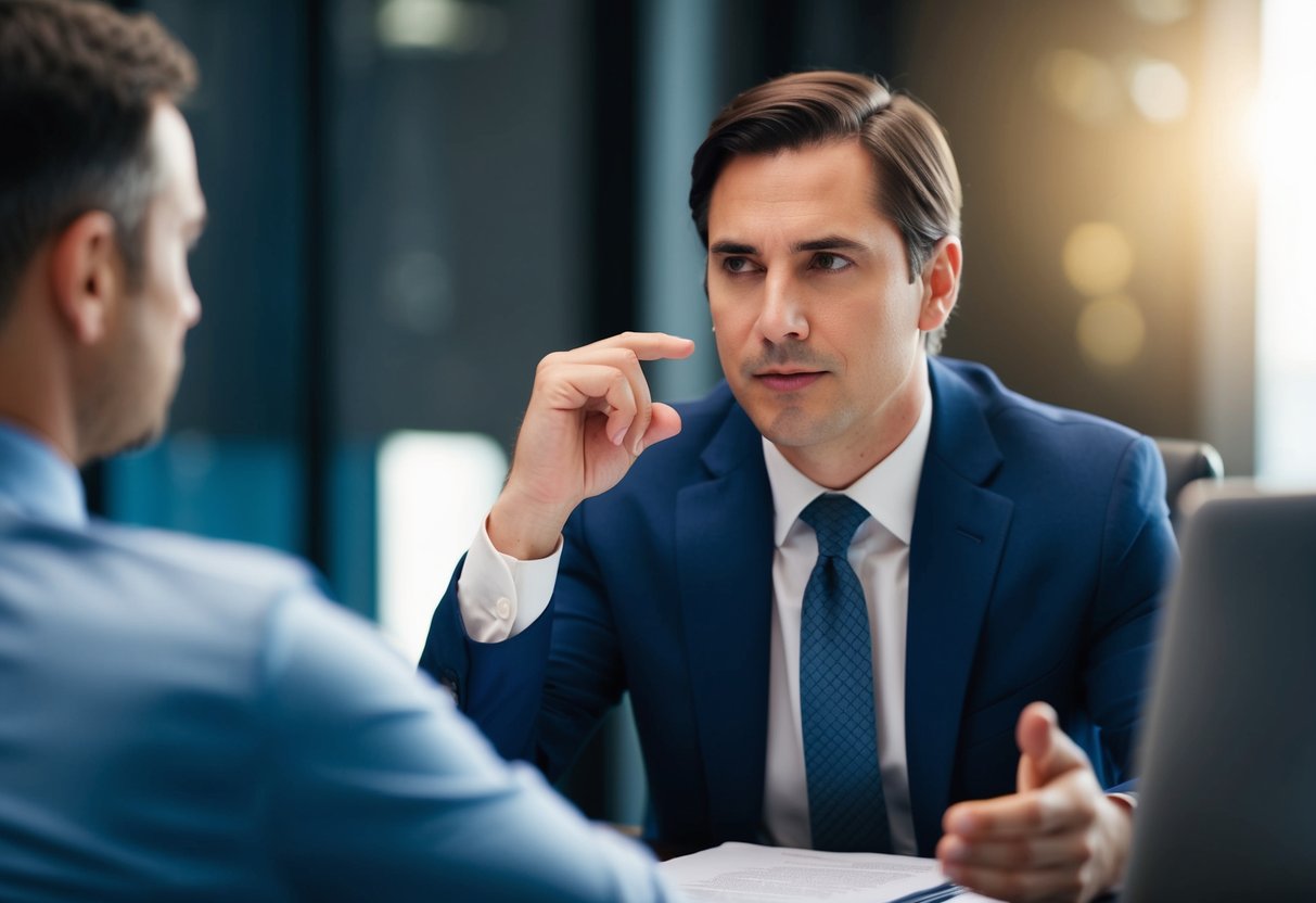 A defense attorney leans forward, nodding attentively as a client speaks. The attorney's focused expression conveys active listening