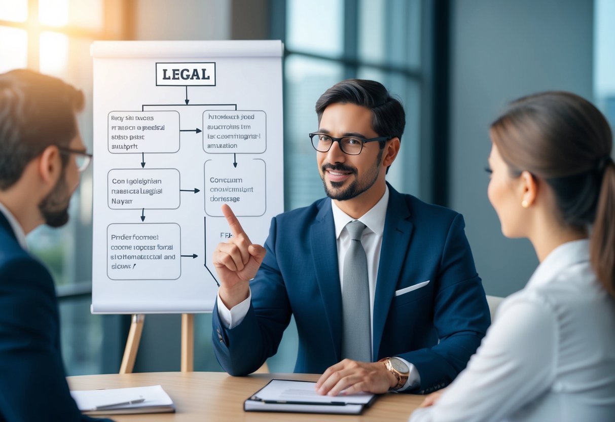 A lawyer pointing to a flowchart of legal concepts while engaging in conversation with a client