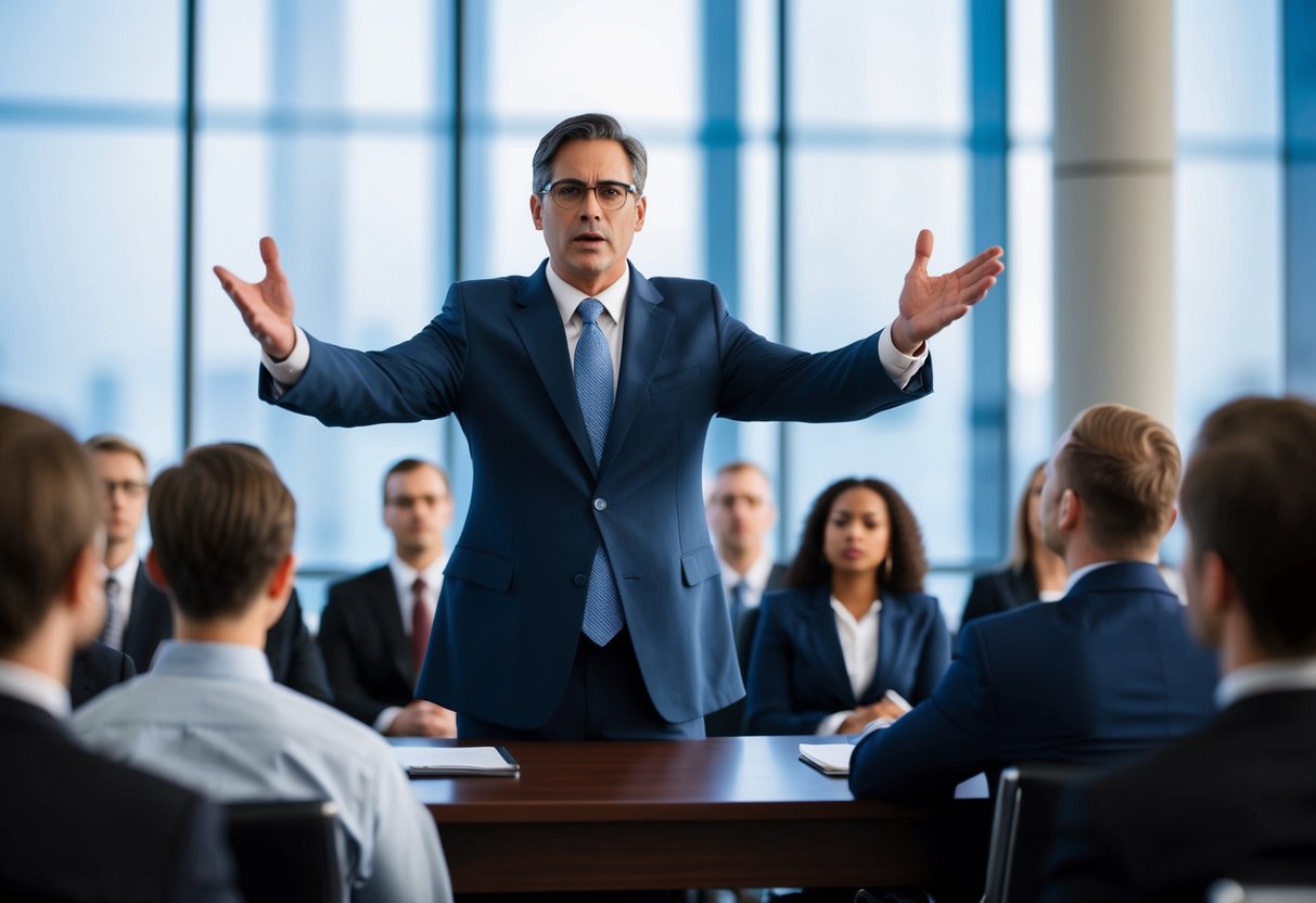 A criminal lawyer confidently addresses a jury, gesturing with authority and conviction. They exude professionalism and command attention with their clear and persuasive communication