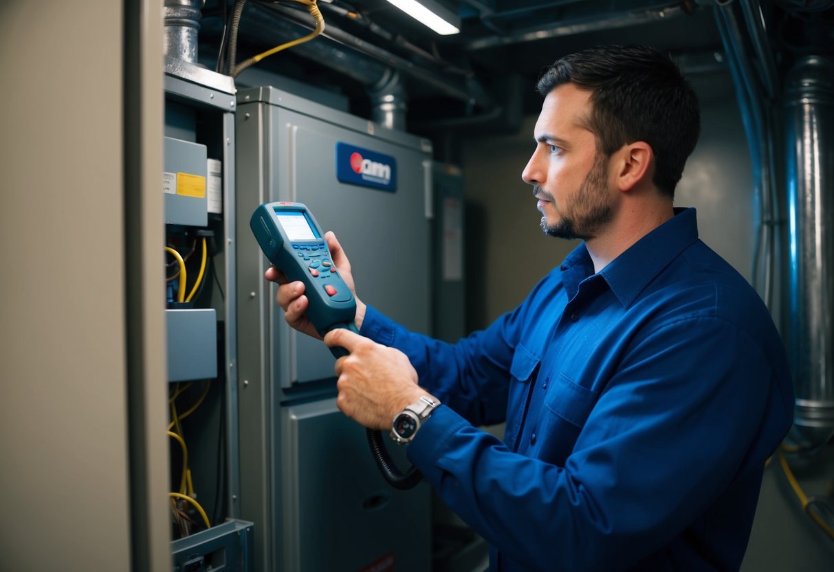 A technician using a handheld device to scan HVAC equipment for leaks in a dimly lit mechanical room