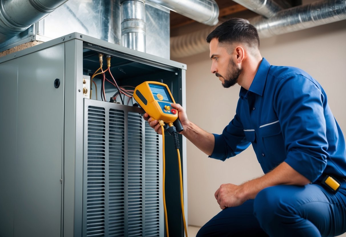 A technician using a leak detection device to inspect an HVAC unit for refrigerant leaks in a mechanical room