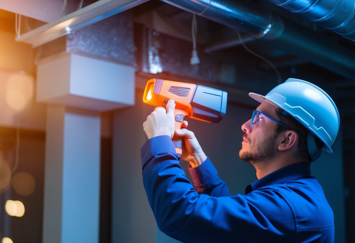 A technician using a digital infrared thermal imaging camera to scan HVAC ductwork for leaks in a commercial building