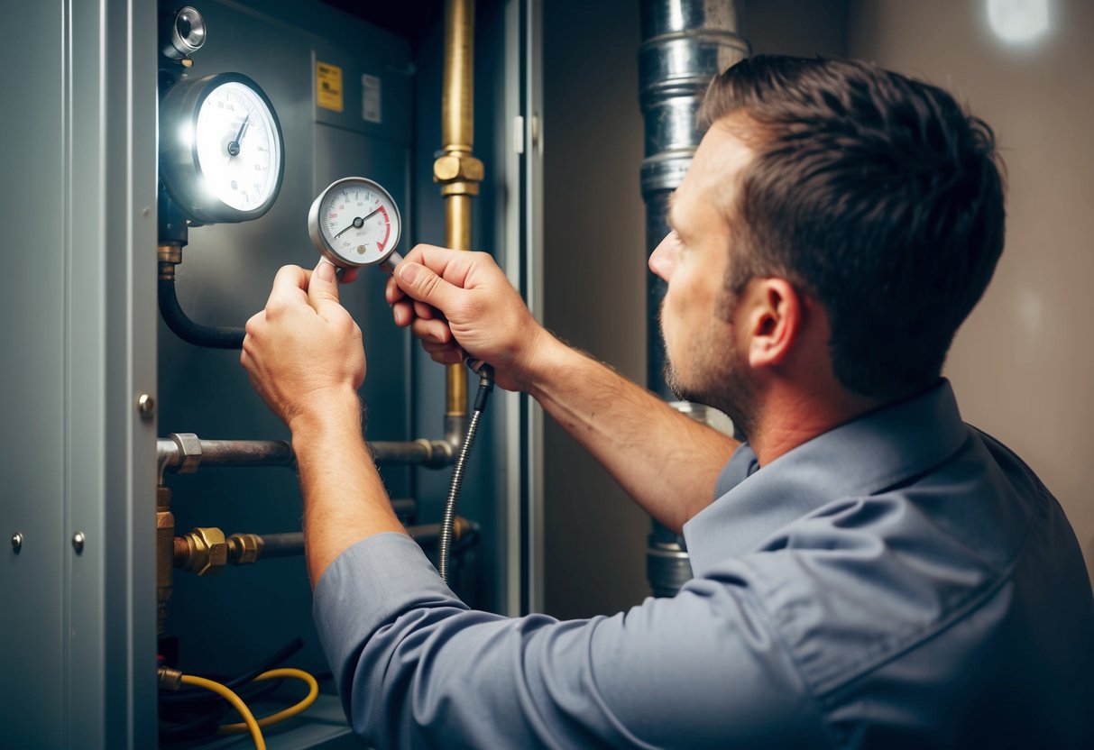 An HVAC technician using a pressure gauge to check for leaks in a large HVAC system. A flashlight illuminates the area as they inspect the pipes and connections