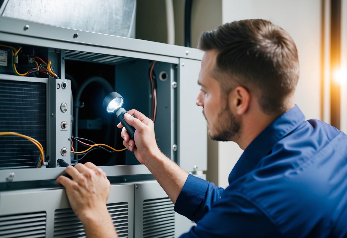 A technician examining an HVAC unit with a flashlight, checking for signs of refrigerant leaks