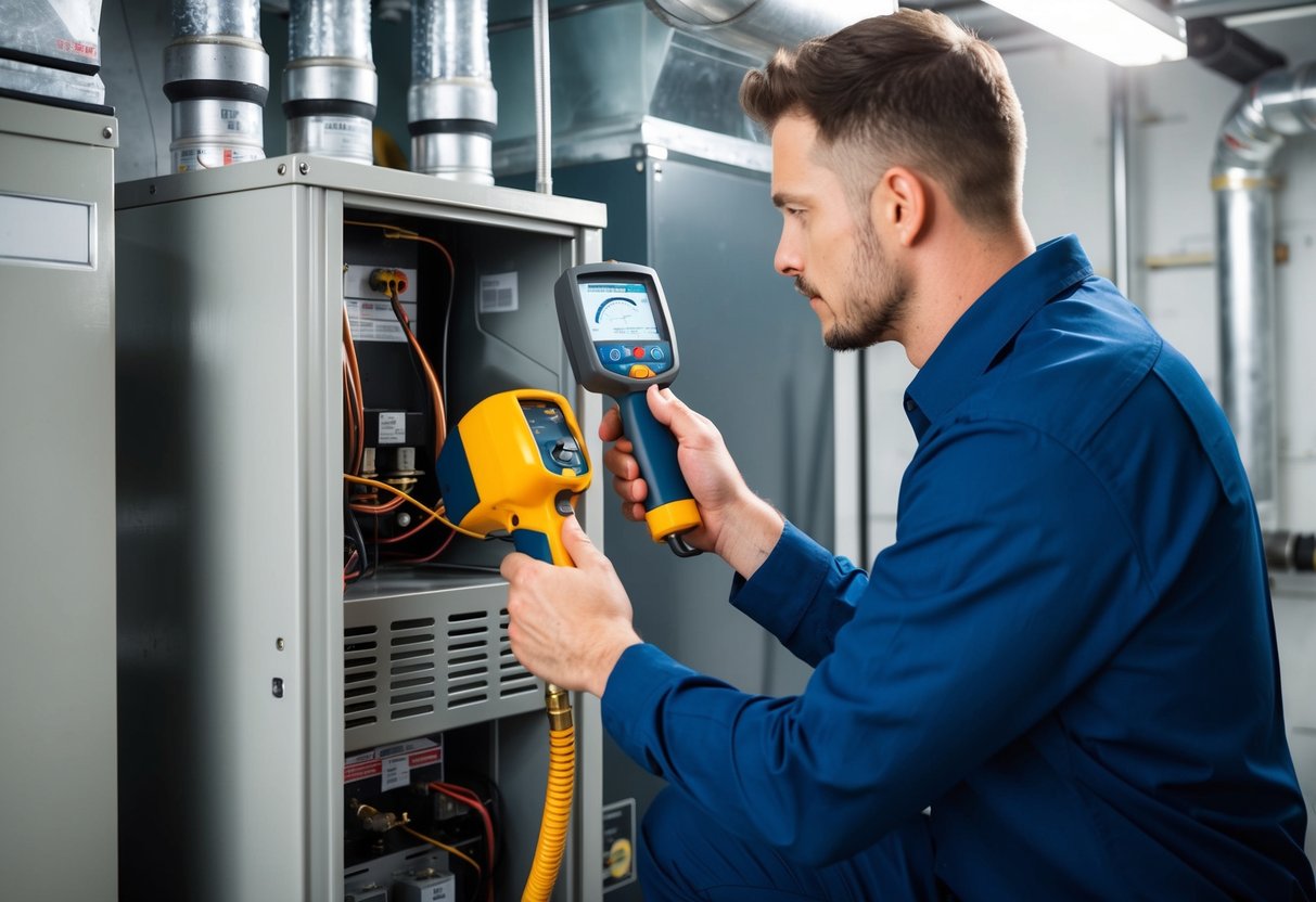 A technician using a refrigerant leak detector to inspect HVAC equipment in a mechanical room