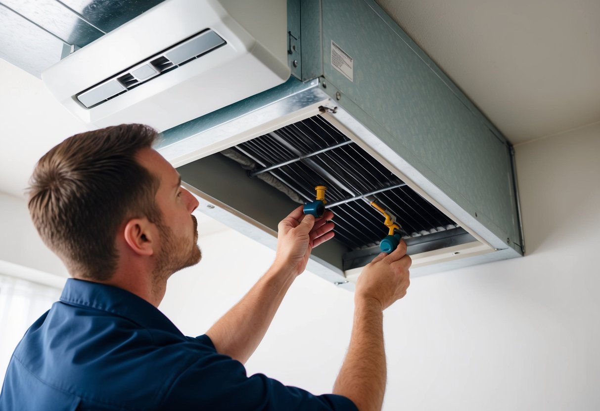 An HVAC technician inspecting and sealing leaks in a ductwork system