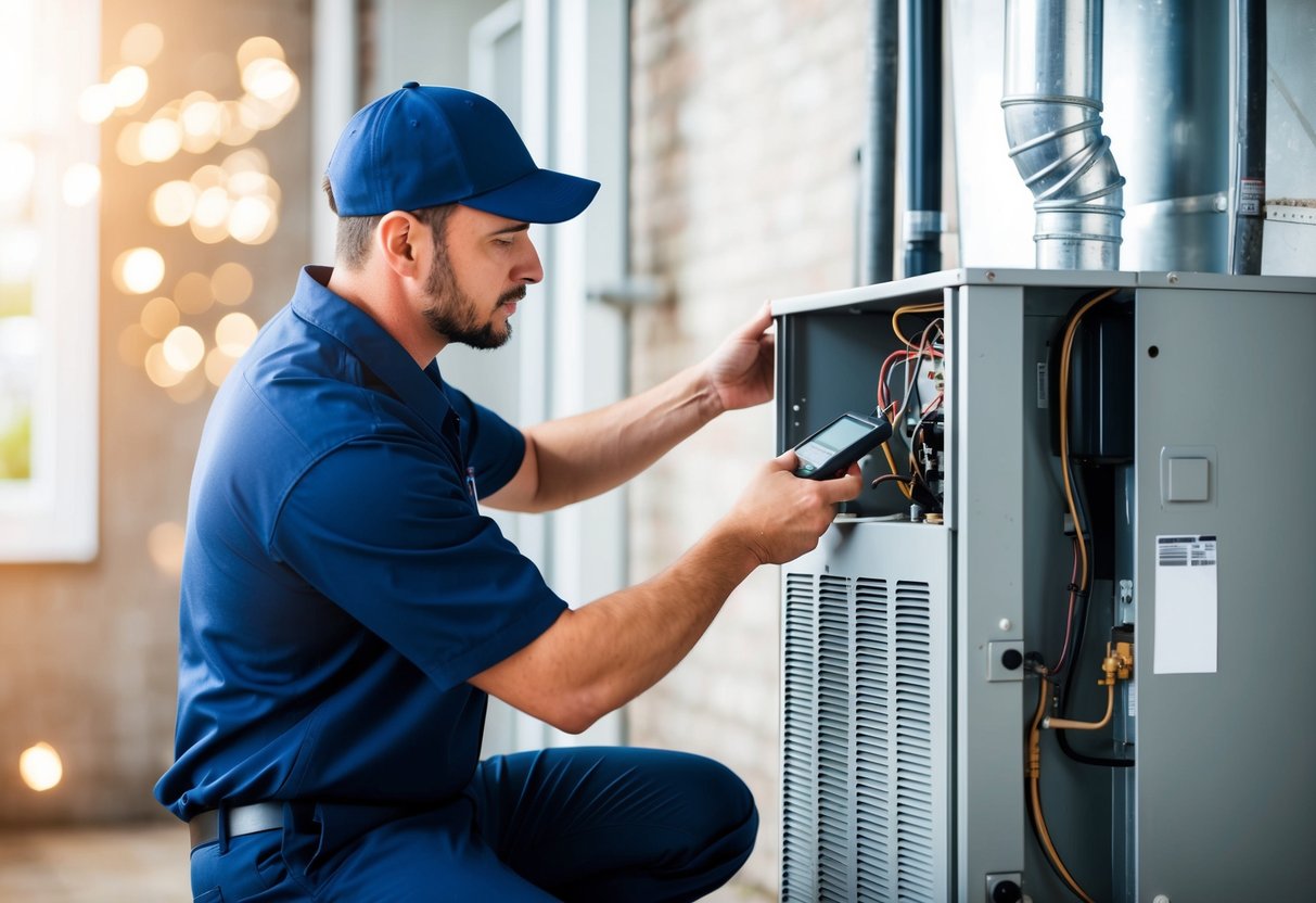 A technician inspecting and maintaining an HVAC system for leaks