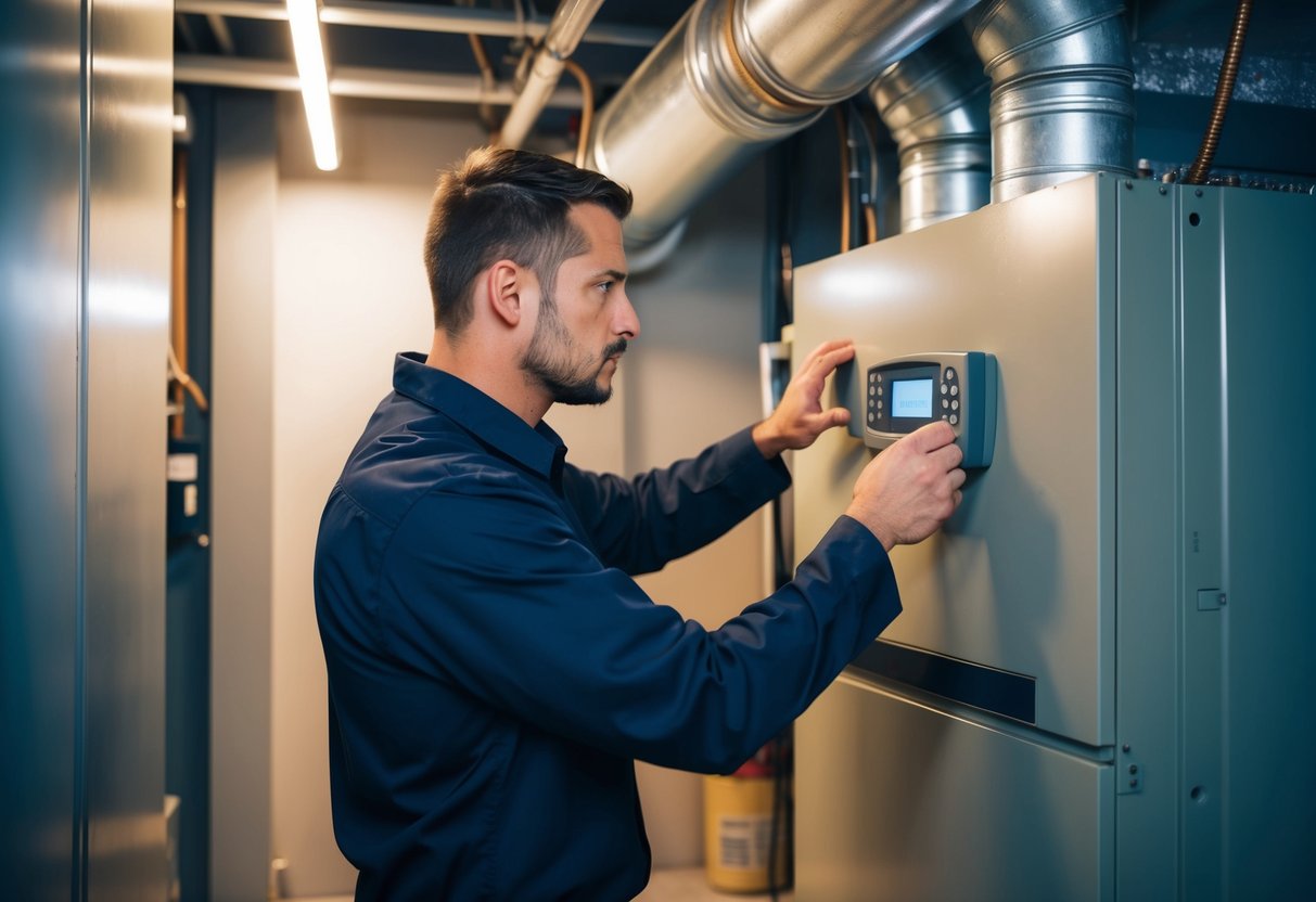 A technician examining a large HVAC system with visible leaks in a dimly lit mechanical room