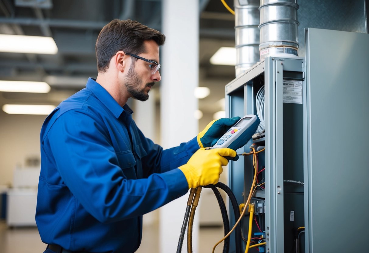 An HVAC technician using specialized equipment to detect leaks in a large HVAC system within a commercial building